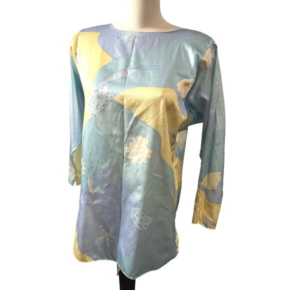 Miss Elaine Vintage Silky Floral Seventies Blouse Sz Small/Med Womens Yellow & B - Picture 1 of 11